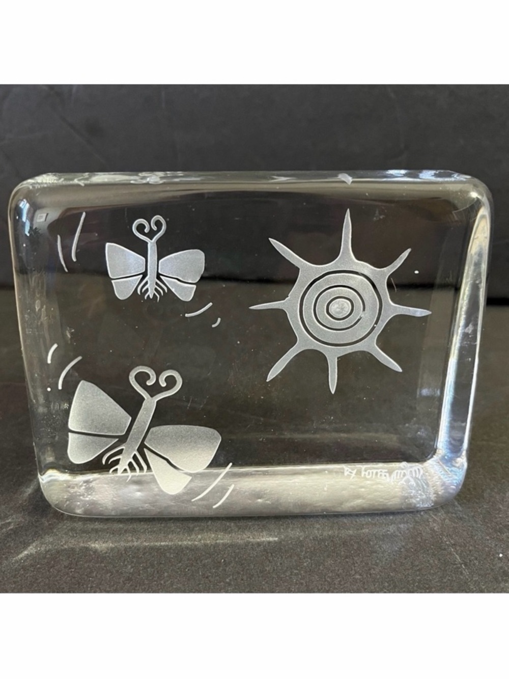 Butterfly Etched Glass Block Paperweight Sun Rectangle Signed Southwestern